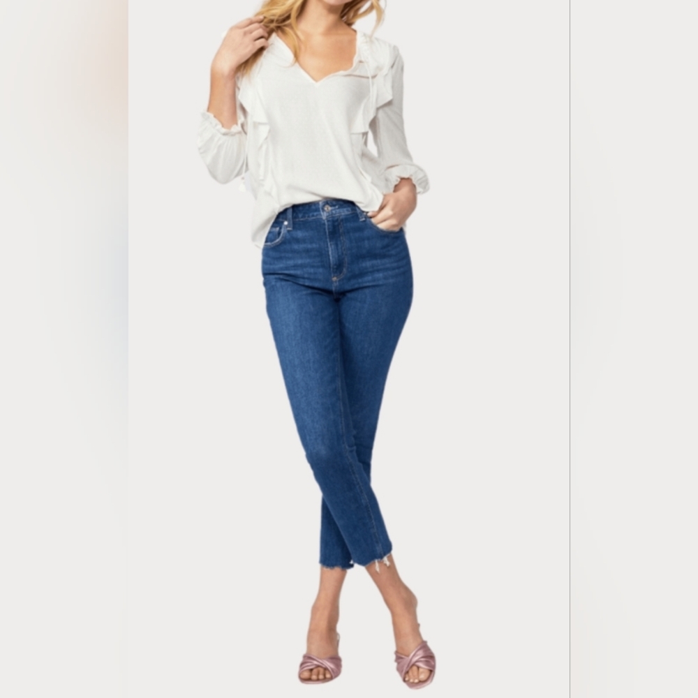 NWT- $253 PAIGE Sarah Slim Crop High Rise Straight Radio Star Disstressed Hem 34